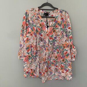 NEW Jones NY floral print elbow sleeve button front linen blend top shirt blouse